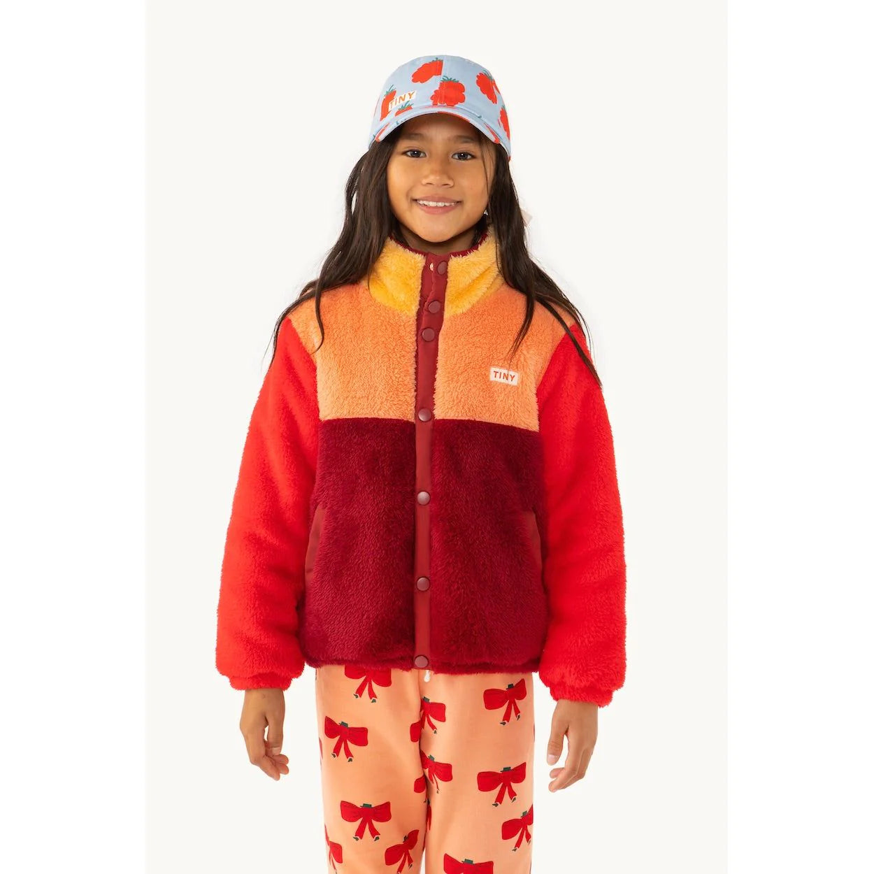 Tinycottons Colour Block Sherpa Jacket in Deep Red/Peach