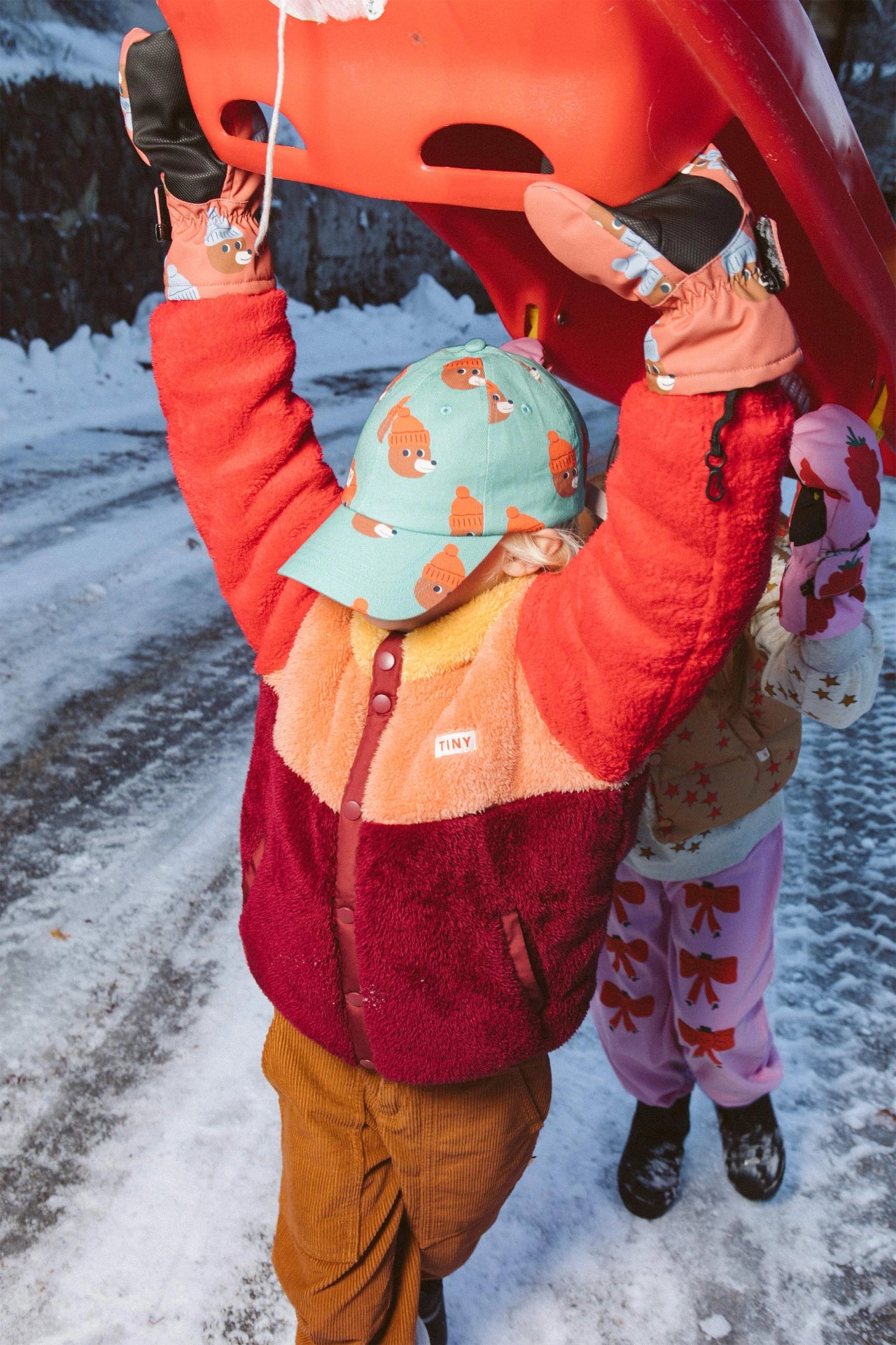 Tinycottons Colour Block Sherpa Jacket in Deep Red/Peach