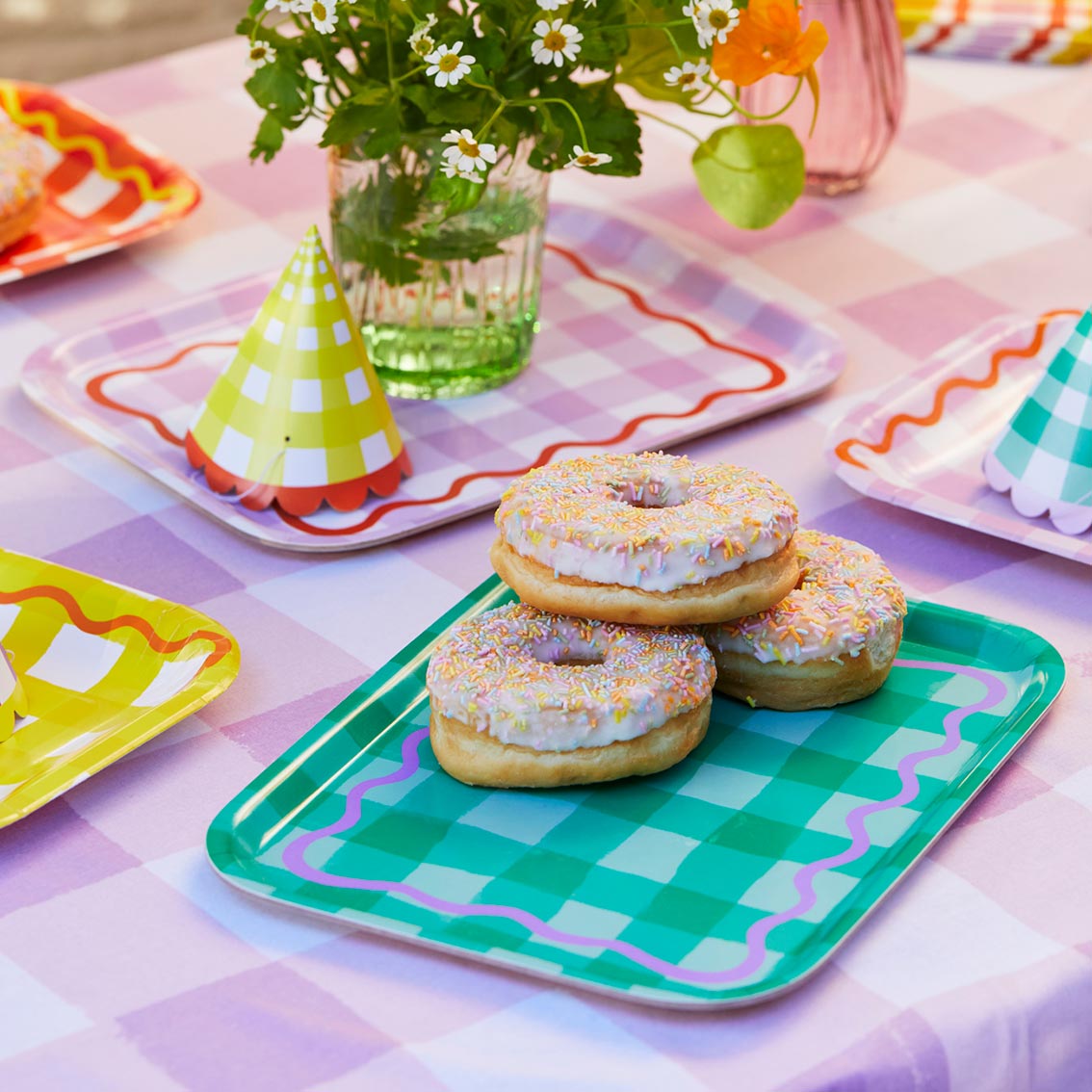 Purple Gingham Wooden Serving Tray