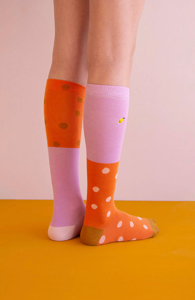 Knee High Socks - Coloured Freckles, Carrot Orange & Pirate Purple