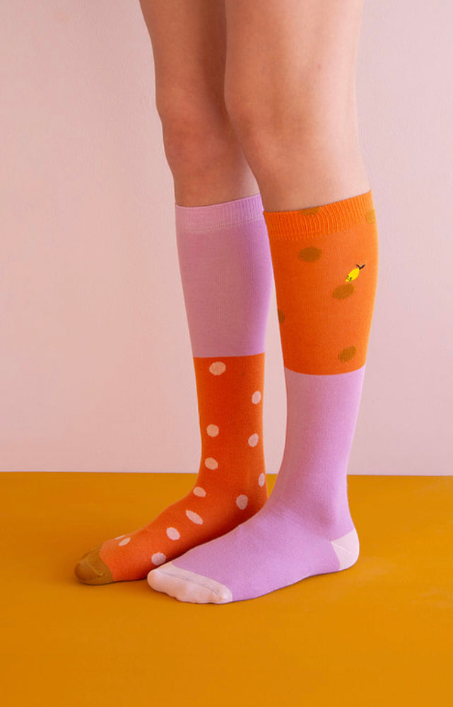 Knee High Socks - Coloured Freckles, Carrot Orange & Pirate Purple